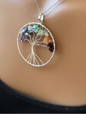 Tree of Life Necklace with Rainbow Gemstones
